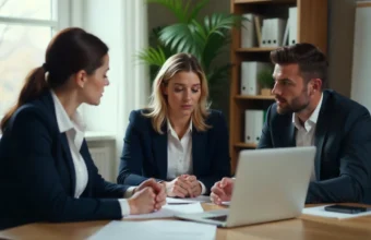 Family law attorney advising a parent on legal matters related to divorce and child custody in a professional office setting.