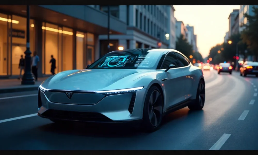 Modern electric car showcasing advanced automotive technology and digital in-car systems, representing innovation in vehicle technology