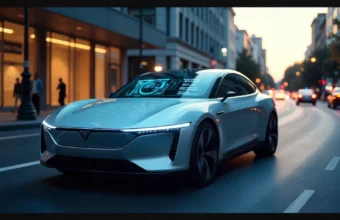 Modern electric car showcasing advanced automotive technology and digital in-car systems, representing innovation in vehicle technology