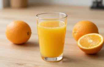 Freshly squeezed orange juice in a glass with whole and halved oranges beside a citrus juicer in a modern home kitchen