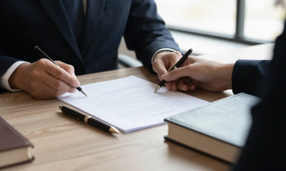 Probate lawyer reviewing estate documents in a professional law office during the probate process