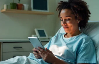 A patient consulting with a healthcare professional in a modern clinic about long-term chronic condition management.