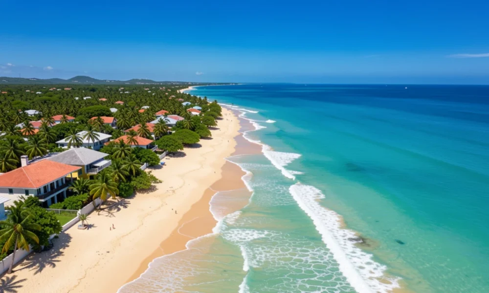 Caribbean islands travel guide featuring coastal landscape with turquoise water, golden sand beach, green hills, and colorful rooftops among palm trees