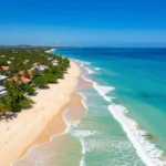 Caribbean islands travel guide featuring coastal landscape with turquoise water, golden sand beach, green hills, and colorful rooftops among palm trees