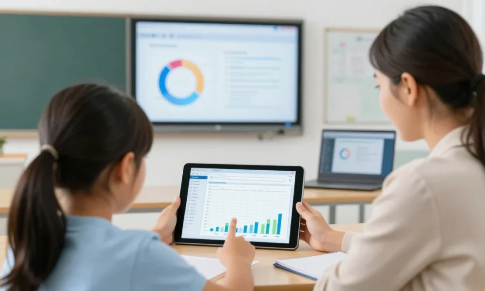 Student using an education app on a tablet while a teacher reviews learning progress and analytics on a laptop in a modern classroom setting