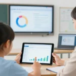 Student using an education app on a tablet while a teacher reviews learning progress and analytics on a laptop in a modern classroom setting