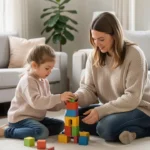 A mother practices positive parenting by patiently helping her young daughter build with blocks during playtime.