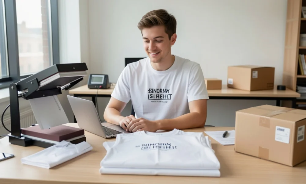 Print-on-demand t-shirt business setup with entrepreneur designing custom t-shirts on a laptop in a modern workspace