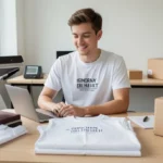 Print-on-demand t-shirt business setup with entrepreneur designing custom t-shirts on a laptop in a modern workspace