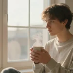 A person enjoying a calm and positive morning routine near a sunlit window, symbolizing mindfulness, productivity, and a healthy start to the day.