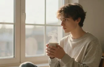 A person enjoying a calm and positive morning routine near a sunlit window, symbolizing mindfulness, productivity, and a healthy start to the day.