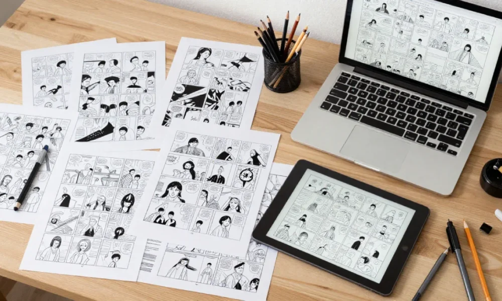 Modern comic book publishing workspace with graphic novels, comic pages, drawing tools, and a laptop used for starting a comic book business