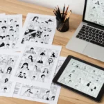 Modern comic book publishing workspace with graphic novels, comic pages, drawing tools, and a laptop used for starting a comic book business