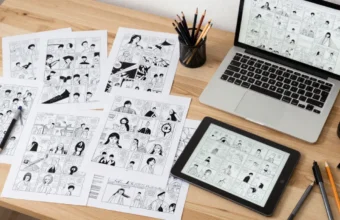 Modern comic book publishing workspace with graphic novels, comic pages, drawing tools, and a laptop used for starting a comic book business