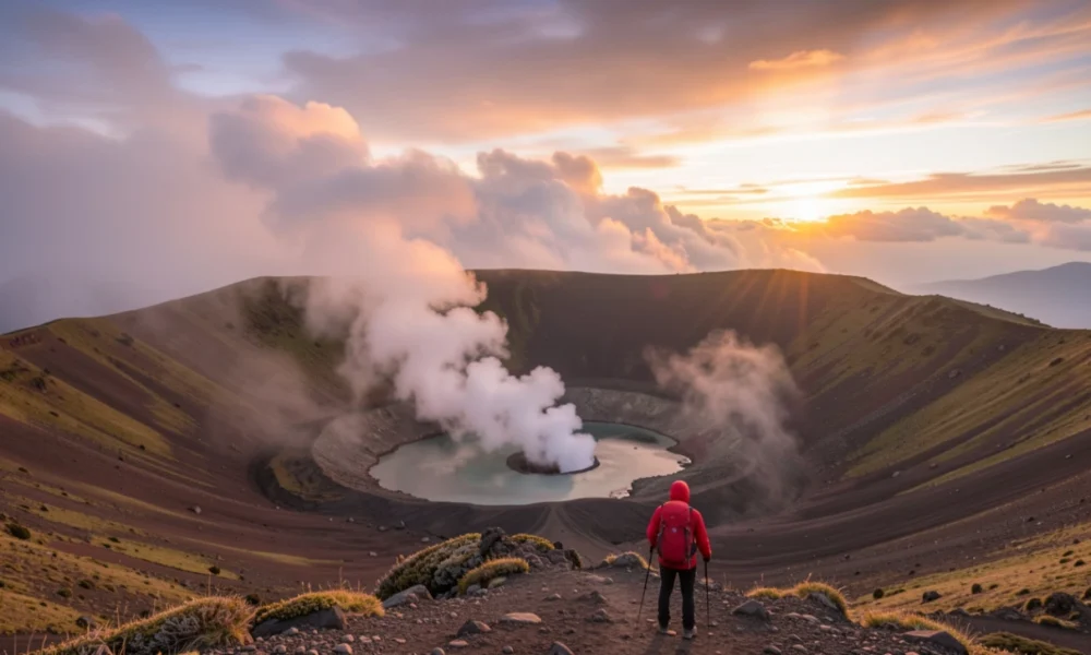 Trekker watching sunrise over Segara Anak crater lake from Mount Rinjani summit ridge, Lombok, Indonesia — Mount Rinjani trekking guide featured image
