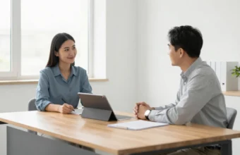 Small business owner and lender reviewing startup loan application documents during a meeting in a modern office
