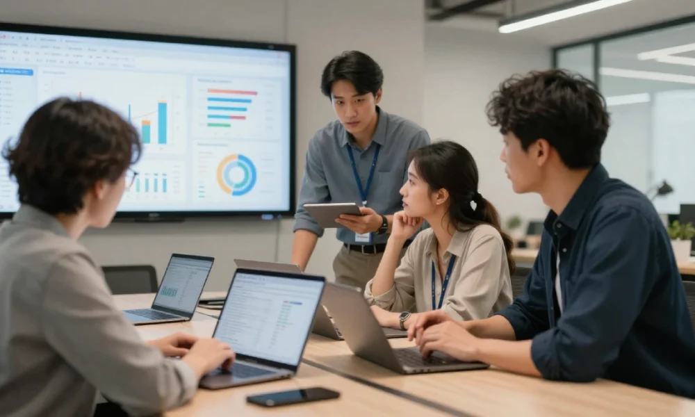 Enterprise ecommerce development cost planning with business professionals analyzing online store performance, technology infrastructure, and budget data on digital dashboards.