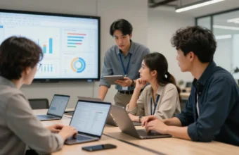 Enterprise ecommerce development cost planning with business professionals analyzing online store performance, technology infrastructure, and budget data on digital dashboards.