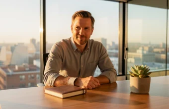 Entrepreneur reviewing financial documents at desk in sunlit city office, representing strategic wealth planning and business ownership