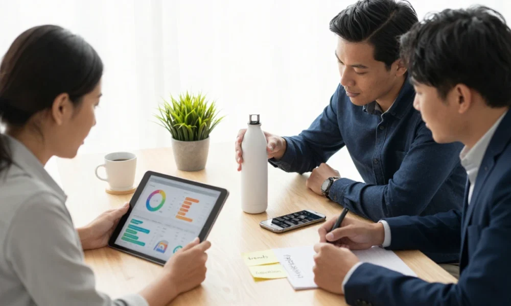 Diverse business team analyzing consumer feedback data and adapting a product prototype in a modern office, representing market research and iterative product development.