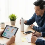 Diverse business team analyzing consumer feedback data and adapting a product prototype in a modern office, representing market research and iterative product development.