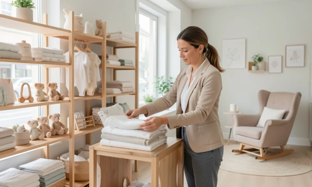Entrepreneur arranging organic baby clothing and wooden toys on shelves in a bright, modern baby products storefront
