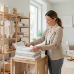 Entrepreneur arranging organic baby clothing and wooden toys on shelves in a bright, modern baby products storefront