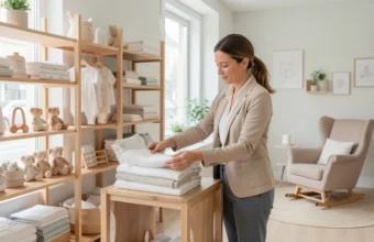 Entrepreneur arranging organic baby clothing and wooden toys on shelves in a bright, modern baby products storefront