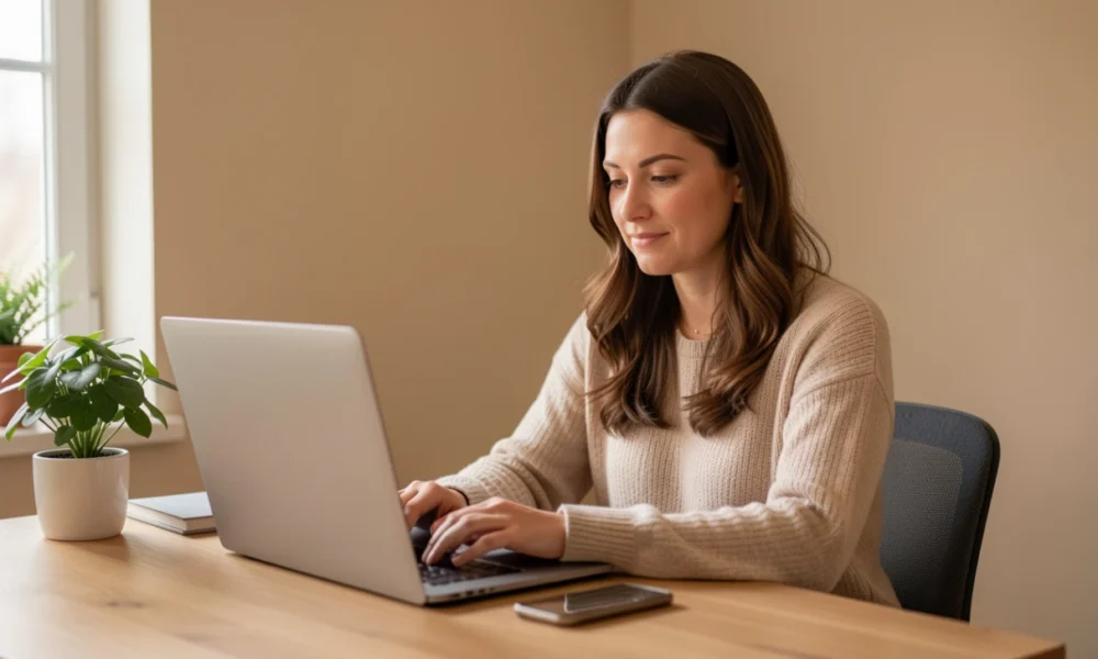 Mother working on laptop in home office, business ideas for mothers, home-based entrepreneurship