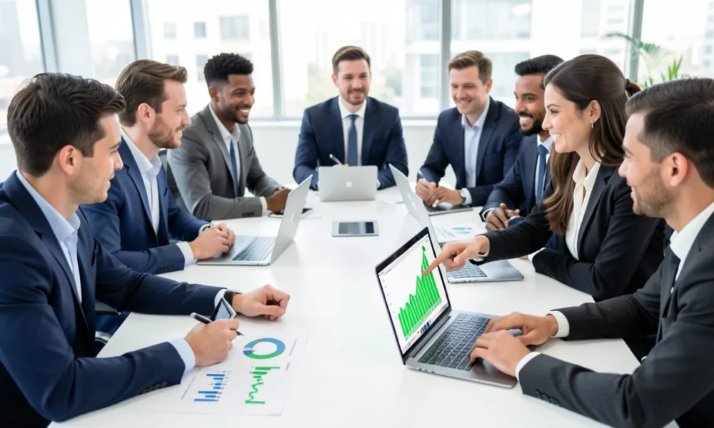 Business professionals reviewing financial charts and profit reports during a strategy meeting in a modern office