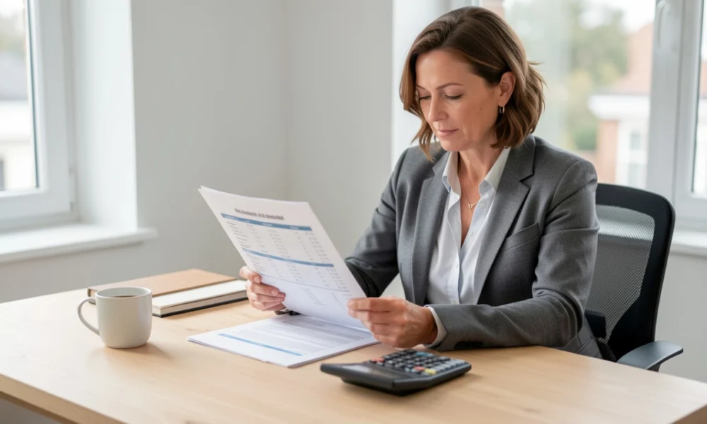 Small business owner reviewing a cash flow statement at her desk, representing cash flow management for small business financial planning.