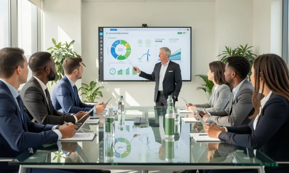 Business team reviewing corporate sustainability strategy and ESG performance metrics during a boardroom meeting