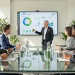 Business team reviewing corporate sustainability strategy and ESG performance metrics during a boardroom meeting