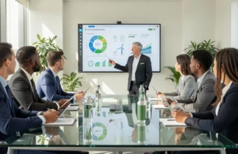 Business team reviewing corporate sustainability strategy and ESG performance metrics during a boardroom meeting