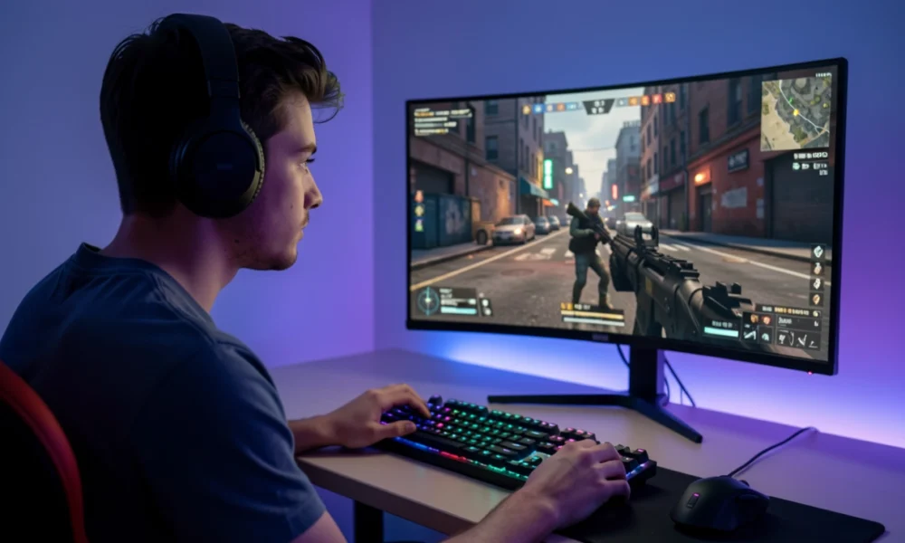 Gamer wearing headphones playing a free-to-play first-person shooter on a desktop monitor with RGB keyboard and mouse in a dimly lit room