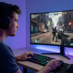 Gamer wearing headphones playing a free-to-play first-person shooter on a desktop monitor with RGB keyboard and mouse in a dimly lit room