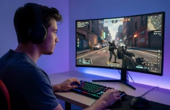Gamer wearing headphones playing a free-to-play first-person shooter on a desktop monitor with RGB keyboard and mouse in a dimly lit room