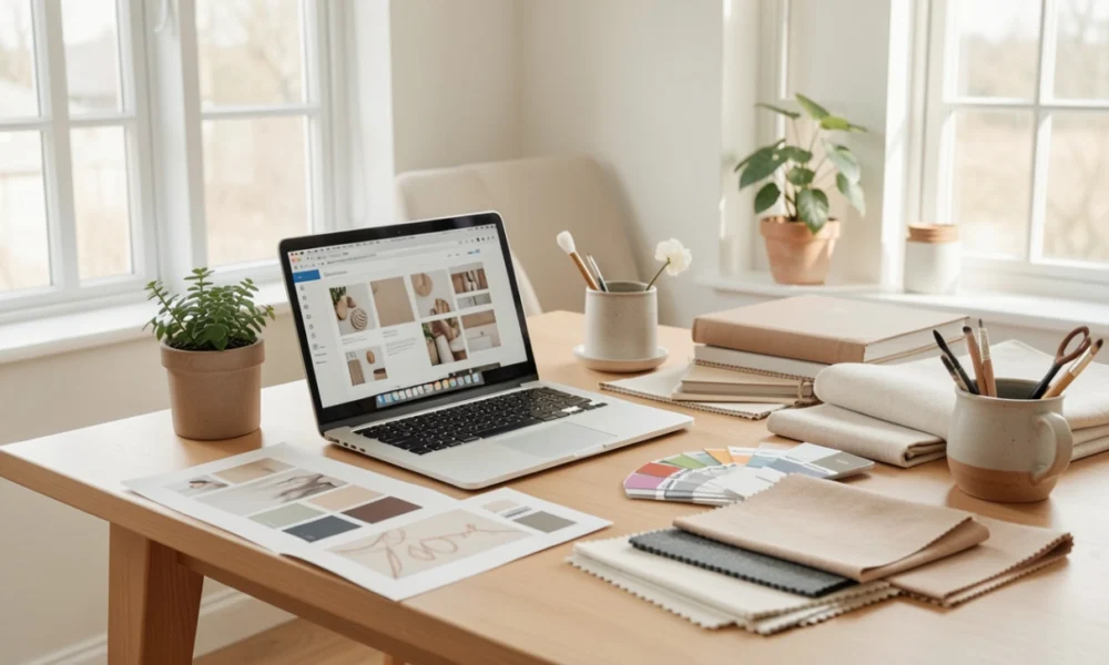 Interior designer reviewing digital mood boards and material samples at a studio desk, representing professional interior design business models and residential design services.