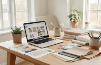 Interior designer reviewing digital mood boards and material samples at a studio desk, representing professional interior design business models and residential design services.