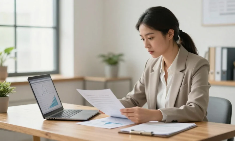 Small business owner reviewing financial statements and profit margin charts on laptop in modern office setting