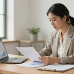 Small business owner reviewing financial statements and profit margin charts on laptop in modern office setting