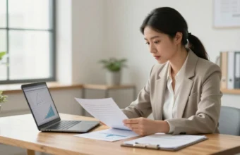 Small business owner reviewing financial statements and profit margin charts on laptop in modern office setting
