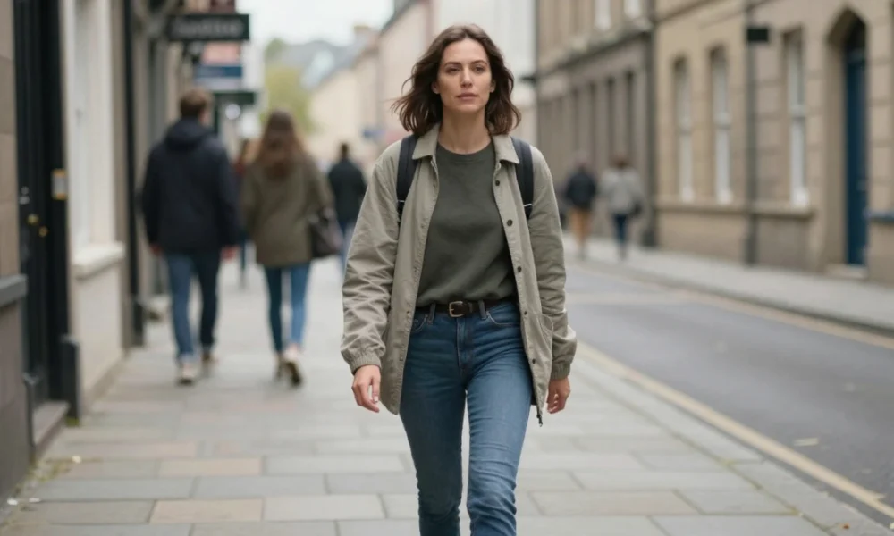 Woman solo traveler standing on London street holding phone, red double-decker bus and black cab in background, casual autumn clothing, confident independent travel