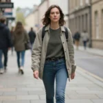 Woman solo traveler standing on London street holding phone, red double-decker bus and black cab in background, casual autumn clothing, confident independent travel