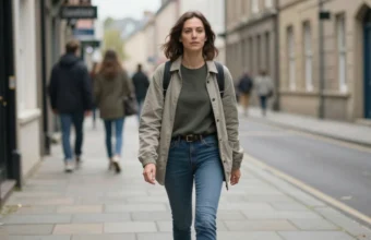 Woman solo traveler standing on London street holding phone, red double-decker bus and black cab in background, casual autumn clothing, confident independent travel