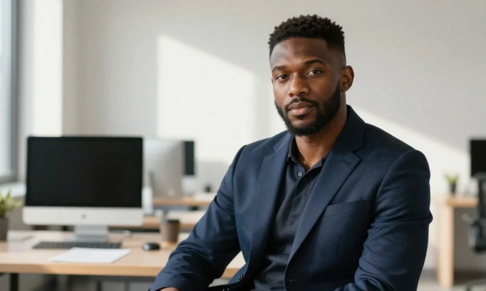 A confident young Black male entrepreneur standing in a modern office, representing personal accountability and professional good standing — two meanings of the phrase standing on business.