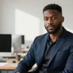 A confident young Black male entrepreneur standing in a modern office, representing personal accountability and professional good standing — two meanings of the phrase standing on business.