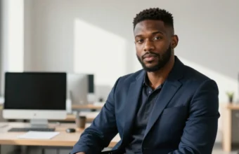 A confident young Black male entrepreneur standing in a modern office, representing personal accountability and professional good standing — two meanings of the phrase standing on business.