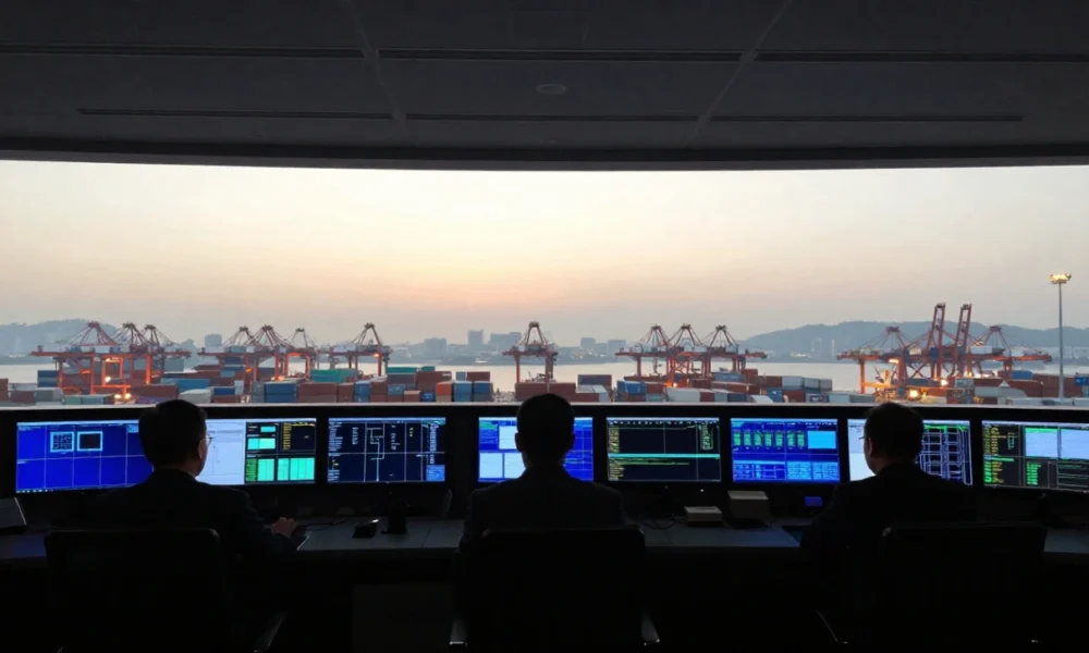 Supply chain managers monitoring global logistics data and cargo ship containers at a port control room during sunset