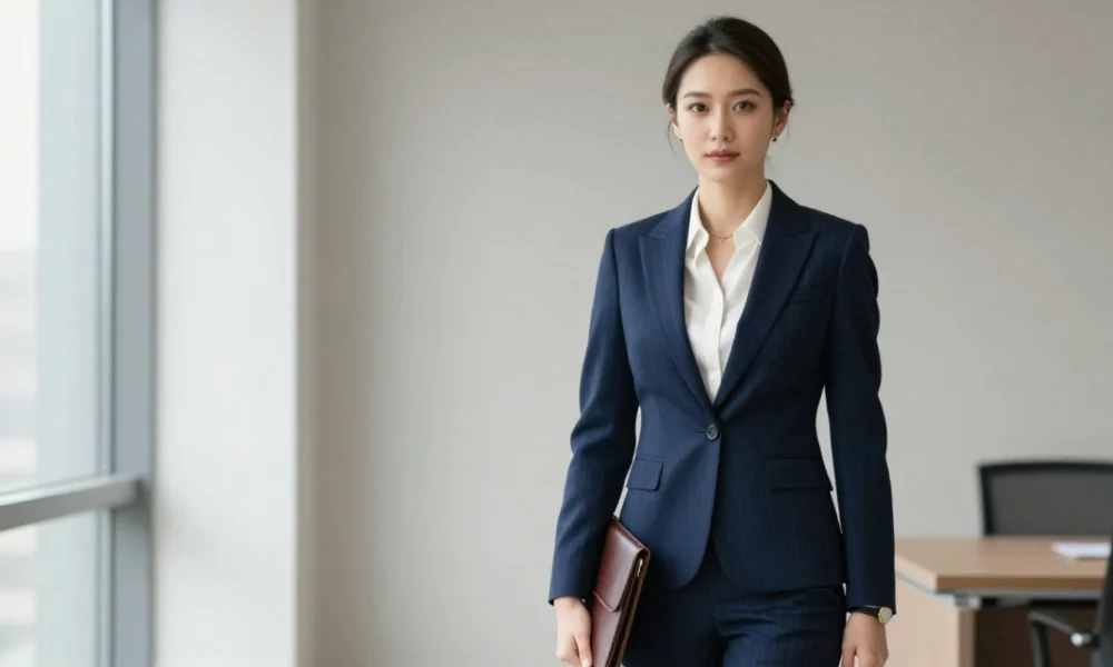 Boss Lady Style - Confident professional woman in tailored navy power suit with white blouse standing in modern office